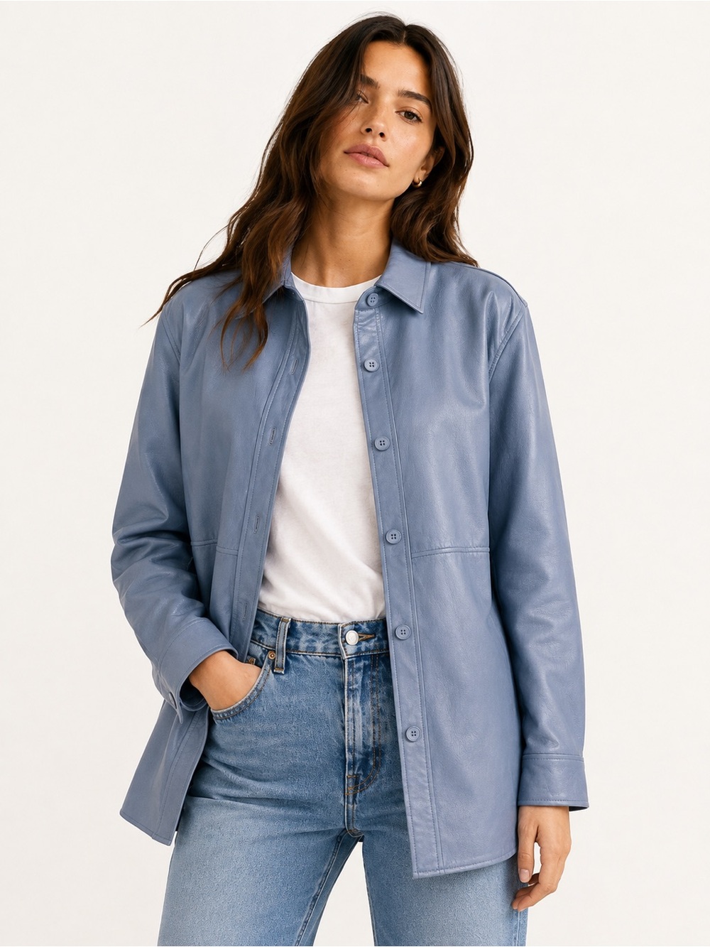 Babaton Pelli Faux Leather Shacket | Aritzia Oversized Shirt Jacket Blue XXS